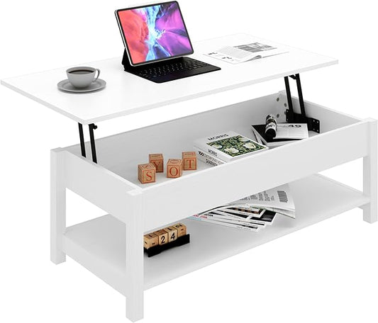 Panana Lift Top Coffee Table with Hidden Compartment and Open Shelf, Lift Tabletop Pop-Up Coffee Table for Living Room, 45.28" L, White