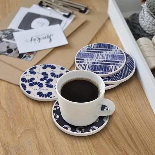 AD Set of 6 Coasters for Drinks Absorbing Round Ceramic Stone Coaster with Cork Base,Tabletop Protection Mat for Mugs and Cups,Office,Kitchen (Shibori with Holder)
