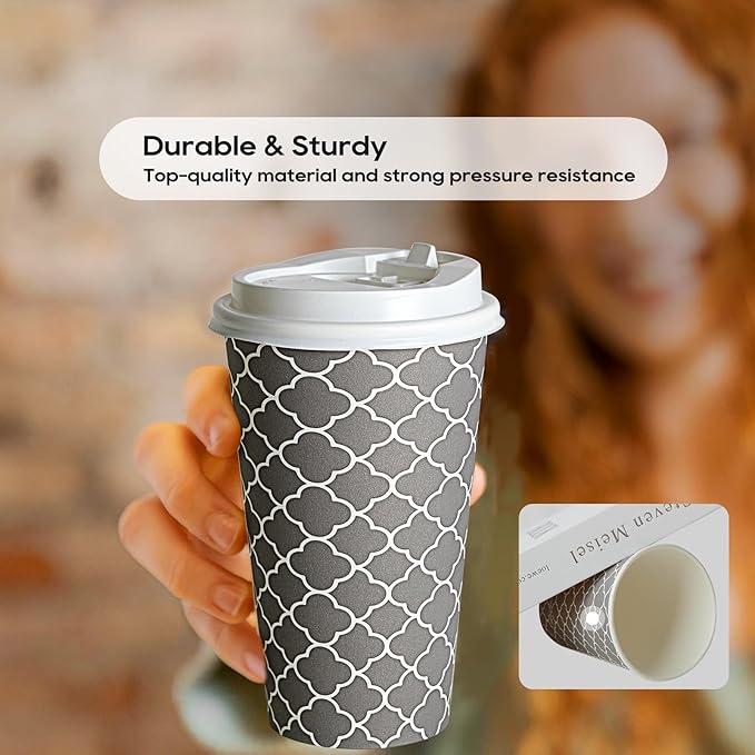 JOLLY PARTY Disposable Coffee Cups with Lids -16 oz (100 Sets) To Go Cups, Paper Coffee Cups for Beverages Espresso Tea, Suitable for Cafes, Offices and Home