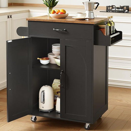 Kitchen Island Cart, Small Kitchen Island with Storage Cabinet and Drawer, Rolling Kitchen Cart on Wheels with Spice Rack and Towel Rack, for Kitchen, Dining Room, Black and Rustic Brown