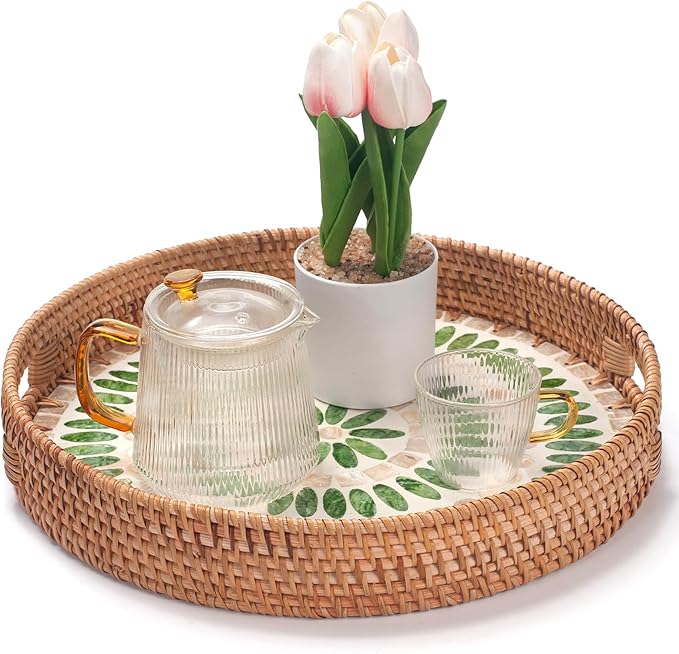 YANGQIHOME Round Serving Tray with Decorative Mother of Pearl Inlay, Wicker Tray for Home Decor, Table Decor, Gifts, Dining, Woven Tray for Food, Fruit, Coffee, 13.8 inch