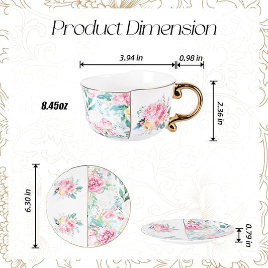 KAMMAK Tea Cups and Saucers Set of 2, Fine Bone China Coffee Cups, 8.45-Ounce Stackable Espresso Mugs, Ceramic Demitasse for Coffee, Cappuccino, Latte, Americano, Tea, Peony + Parrot