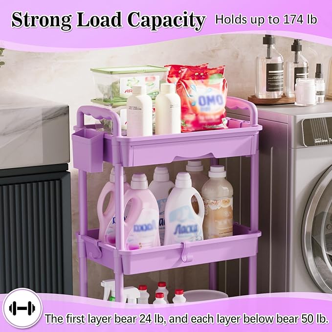 3 Tier Rolling Cart Organizer with Drawer, Bathroom Storage Carts with Wheels & Plastic Shelf, Mobile Storage Organizers for Kitchen, Office, Laundry Room, Baby, Snack, Craft, Makeup, Purple
