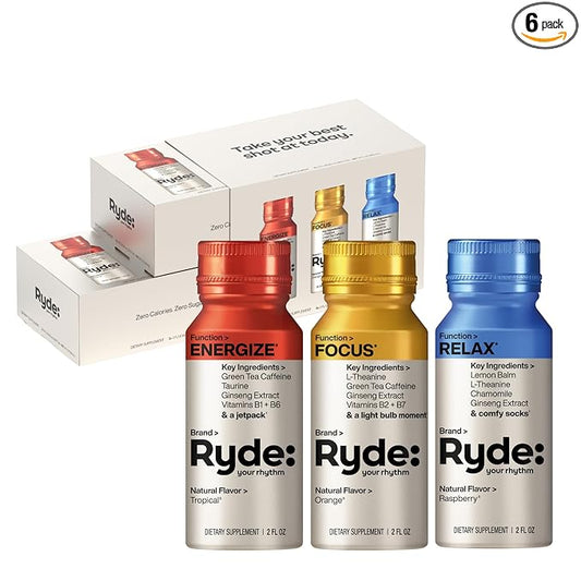 Ryde: Discovery Pack | Energize, Focus & Relax Shots | Green Tea Caffeine, Taurine, Ginseng, B Vitamins, L-Theanine, Lemon Balm, Chamomile | 0 Calories, 0 Sugar | Variety Pack – Try Them All (6 Pack)
