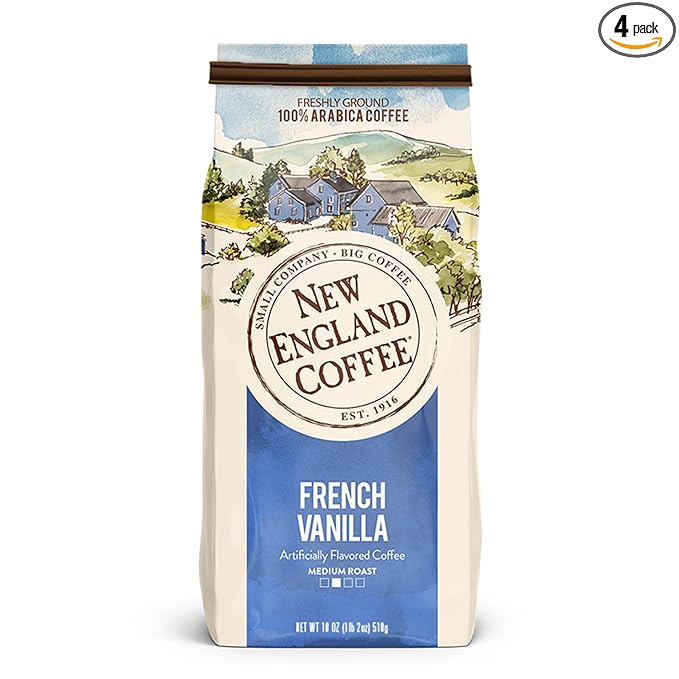 New England Coffee French Vanilla Medium Roast Ground Coffee, 18oz Bag (Pack of 4)