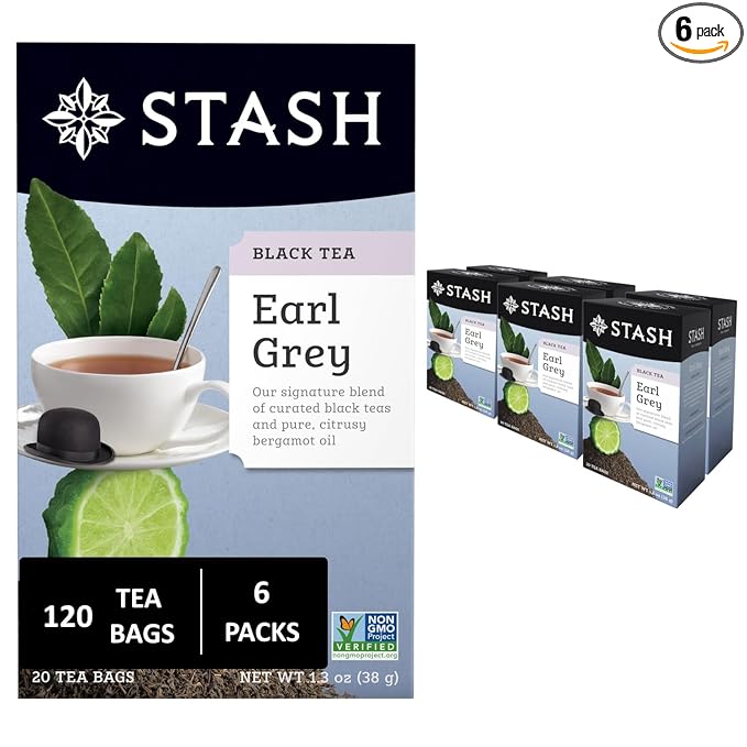 Stash Tea Earl Grey Black Tea - Caffeinated, Non-GMO Project Verified Premium Tea with No Artificial Ingredients, 20 Count (Pack of 6) - 120 Bags Total