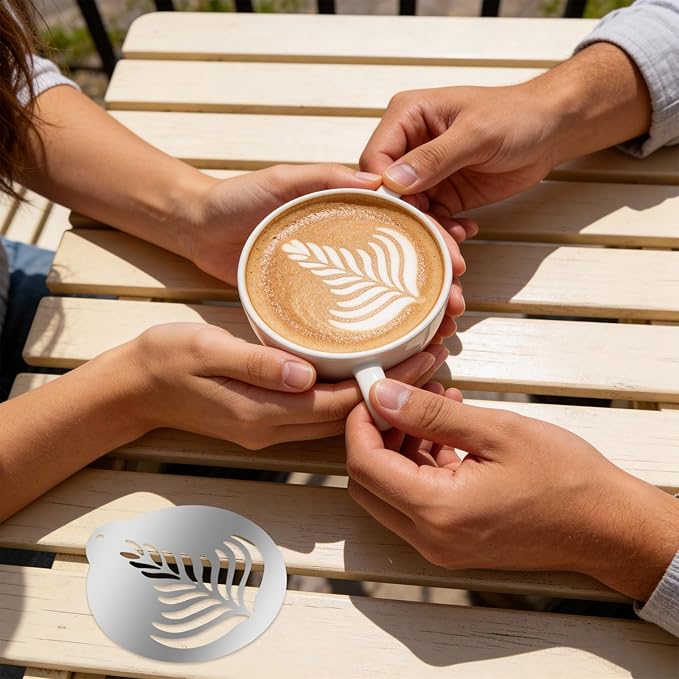 5 Pcs Latte Art Stencils,Coffee Stencils with Latte Art Pen,Lattes Stencilss with Various Patterns for Cappuccino, Hot Chocolate & Cake Decorating,Home or Cafe Use(Silver,4.53IN)