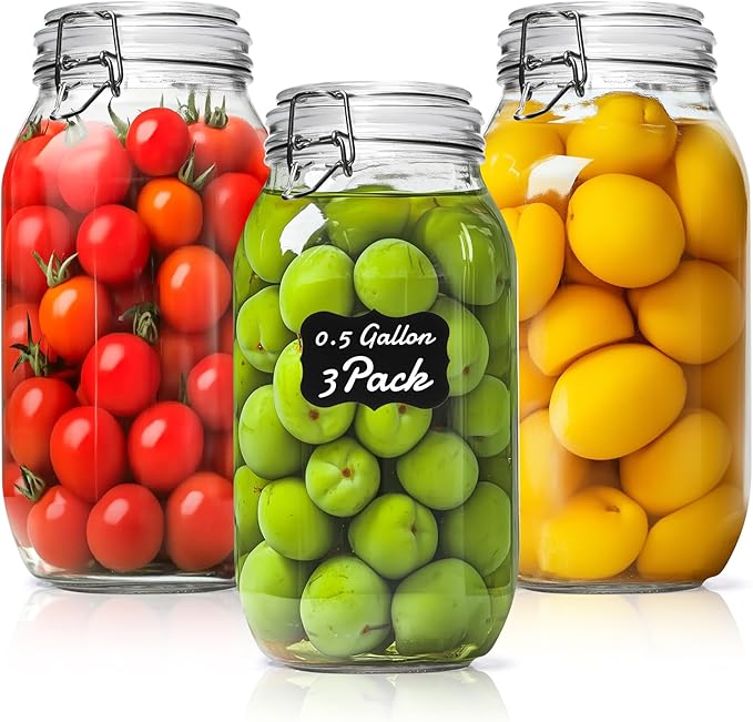ComSaf Large Glass Jars with Airtight Lid Half Gallon, 64 OZ Mason Jars Set of 3, Glass Canisters with Airtight Lids, 0.5 Gallon Canning Jar with Seal Wire Clip Fastening for Kitchen, Pickle