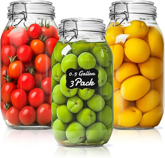 ComSaf Large Glass Jars with Airtight Lid Half Gallon, 64 OZ Mason Jars Set of 3, Glass Canisters with Airtight Lids, 0.5 Gallon Canning Jar with Seal Wire Clip Fastening for Kitchen, Pickle