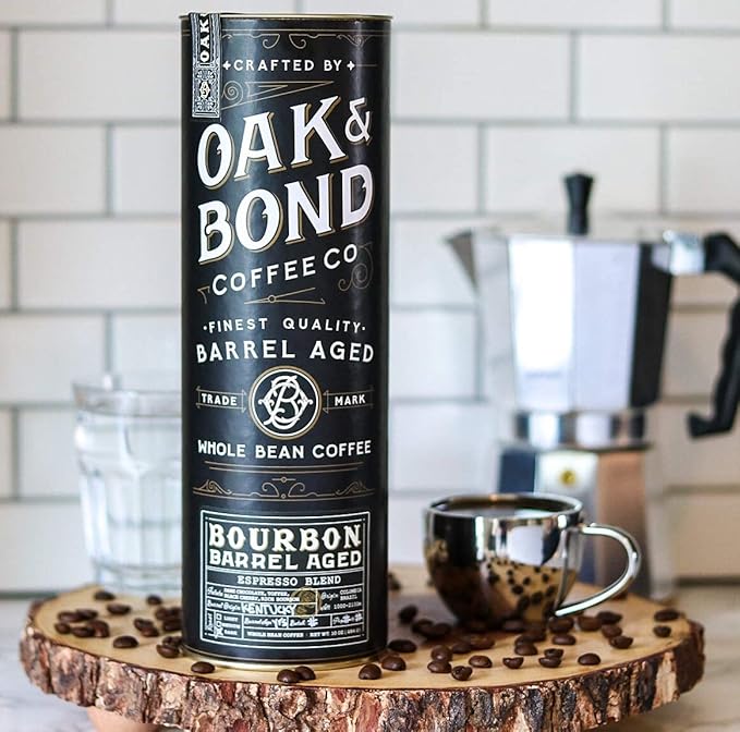 Espresso Bourbon Barrel Aged Coffee, Colombia & Brazil Blend, Whole Bean Arabica, Dark Roast w/ Chocolate, Black Cherry, Toffee, Rich Kentucky Bourbon & Oak Flavors by Oak & Bond Coffee Co. – 10oz.