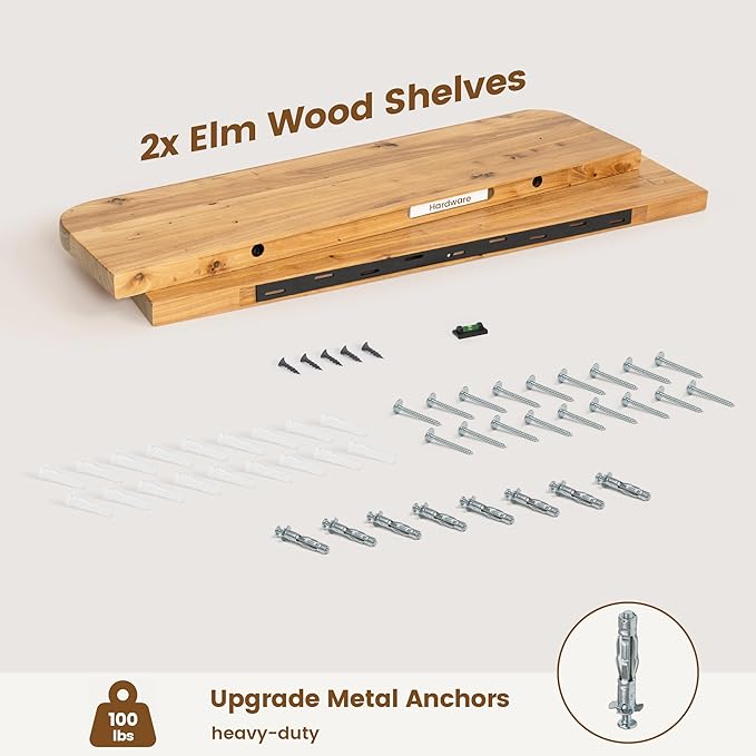 Reclaimed Elm Wood Floating Shelves for Wall Round Edge, 36"W x 9.2"D x 1.37"H, Set of 2 with Invisible Bracket, Wall Mounted Shelves for Living Room Bedroom Kitchen Bathroom Decor, Natural Finish