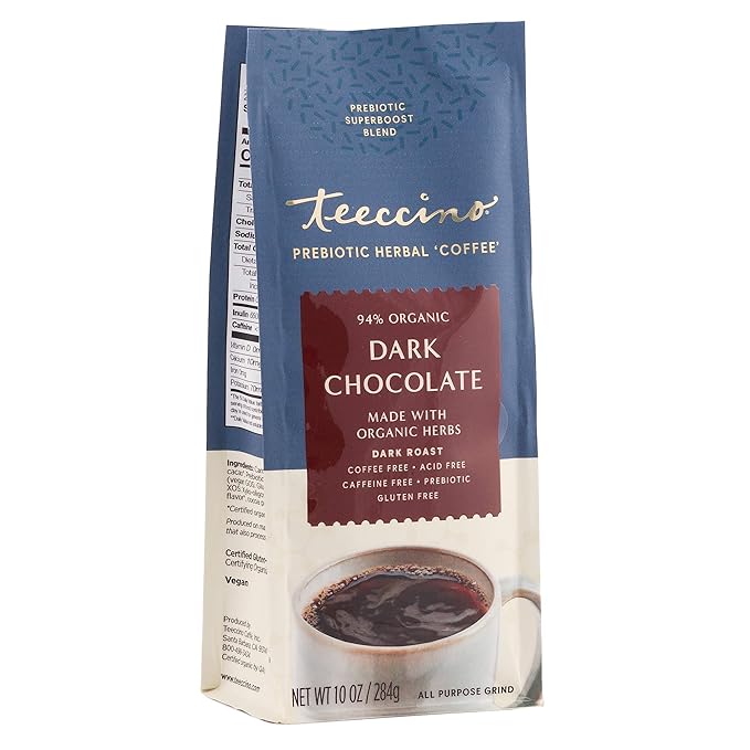 Teeccino Dark Chocolate Prebiotic SuperBoost™ Coffee Alternative - 10 Ounce - Support Probiotics with Caffeine-Free Herbal Coffee Featuring 3 Vegan Prebiotics for Gut Health