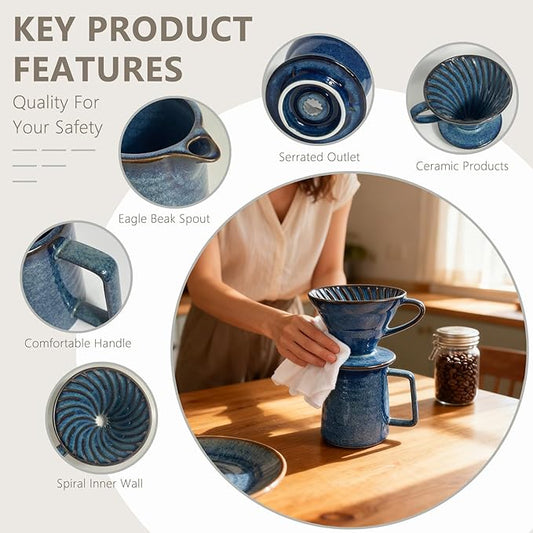 Ceramic Pour Over Coffee Maker Set, Starry Blue Coffee Dripper Cone with 40 Filters, 14 Ounces/400ml Pot