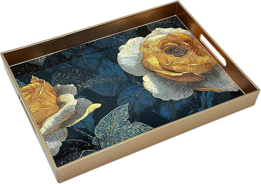 Serving Tray with Handles, 15.7 * 11.8 inches, Plastic Ottoman Tray with Exquisite Paintings, Trays for Coffee Table