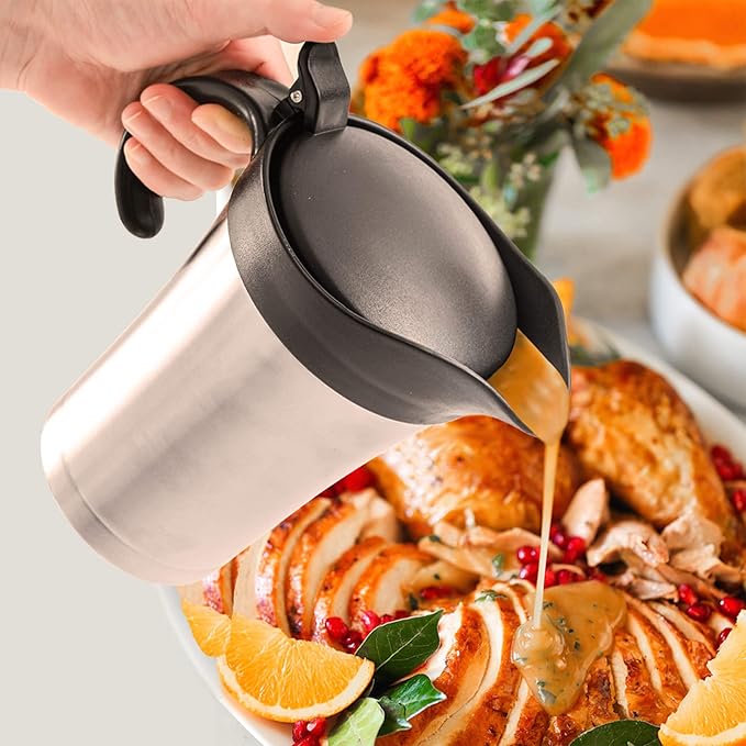 Large Stainless Steel Gravy Boat - 25 Ounce Double Wall Insulated Sauce Jug with Plastic Hinged Lid