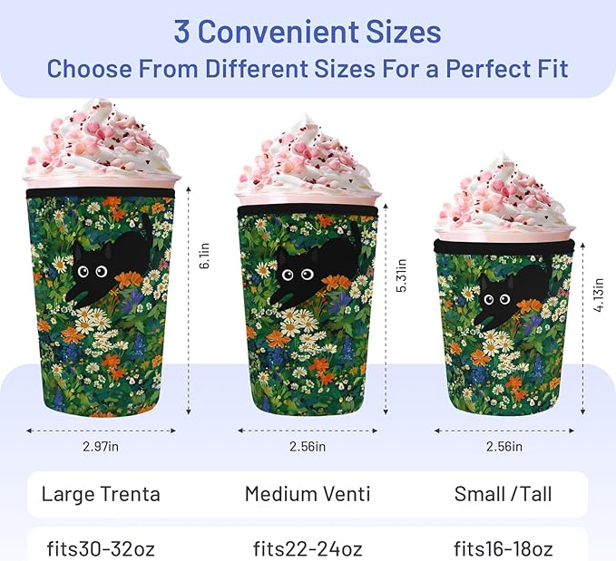 Iced Coffee Sleeve Reusable Cup Sleeves for Cold Drinks Neoprene Koozie Cozy Plastic Cup Covers for Drinks, Cat Garden