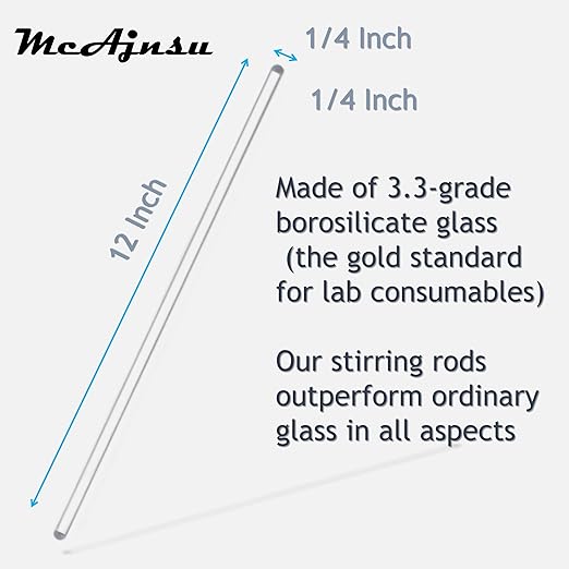 9Pcs Borosilicate Glass Stirring Rods 12" Long 1/4" Diameter Round Ends for Lab/Classroom/Home Use