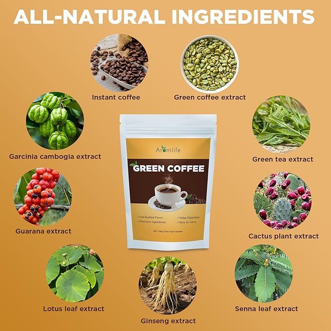Aromlife Herbal Green Coffee Drink with Ginseng, 10 Sachets, Green Coffee Bean & Botanical Blend, with Smooth Full-Bodied Flavor, Gluten-Free
