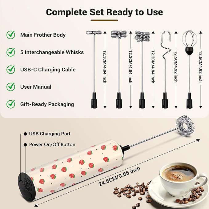 Milk Frother Handheld Rechargeable - 2-Speed Electric Whisk with 5 Detachable Heads (Frother/Mixer/Whisk) for Coffee, Latte, Cappuccino & Matcha, Drink Mixer (Flower 6)
