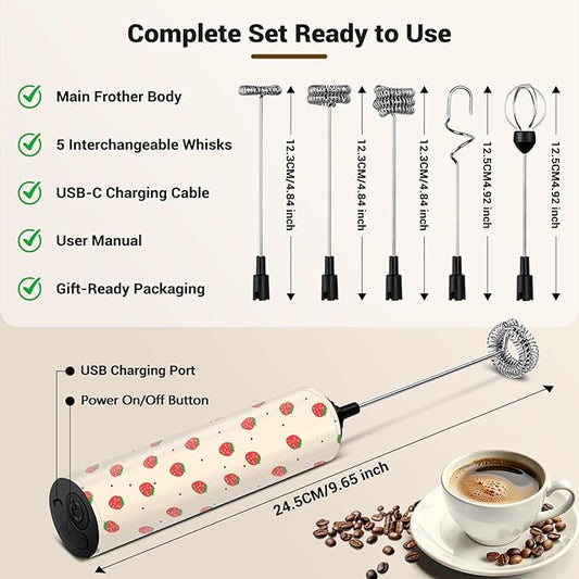 Milk Frother Handheld Rechargeable - 2-Speed Electric Whisk with 5 Detachable Heads (Frother/Mixer/Whisk) for Coffee, Latte, Cappuccino & Matcha, Drink Mixer (Flower 6)