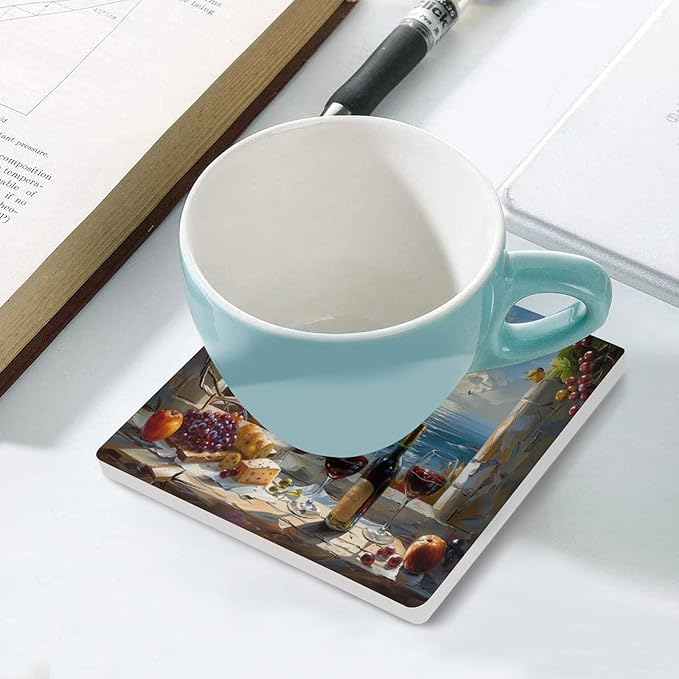 Square-6PCS Red Wine Ceramic Coasters, Square Absorbent Drink Coasters, Oil Painting Style Red Wine Grapes Sea Scenery Ceramic Table Coasters for Coffee, Beverage, Wine, Beer Coasters