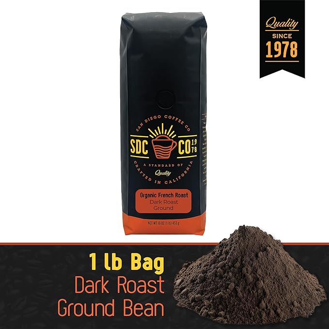 San Diego Coffee Organic French Roast, Dark Roast, Ground Coffee 16-Ounce Bag Café molido tostado