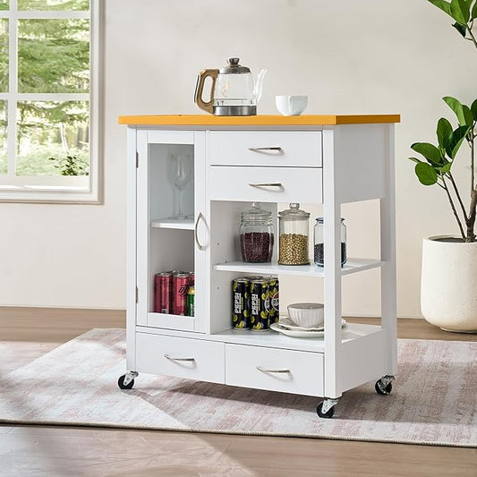 Kitchen Island Cart with Storage - Portable Bar Rolling Storage Cabinet on Wheels, Cart Side Table with Walnut Wood Top, Drawers, Sideboard Buffet with Towel Bar, Dinning Room, White