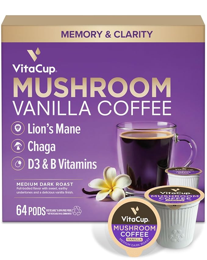 VitaCup Mushroom Coffee Pods, Vanilla Flavored Coffee with Chaga, Lion’s Mane, Vitamins, Medium Dark Roast Arabica Beans, Single Serve Pods Compatible with Keurig K-Cup Brewers, 64 Ct