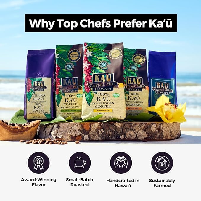 Ka'u Coffee Mill Semi Washed Medium Dark Roast Whole Bean Coffee - Stone Fruit, Citrus, & Milk Chocolate Notes - Handpicked & Semi-Washed Hawaii Grown Arabica Beans - Gourmet Small Batch - 8oz