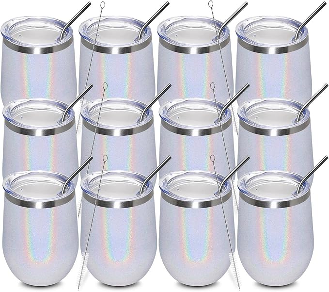 MEWAY 12oz/12 Pack Wine Tumbler Glasses with Lid - Stemless Double Wall Vacuum Stainless Steel Glitter Tumbler - Keeping Cold & Hot Cup for Coffee,Gift for Women(Rainbow White,Set of 12)