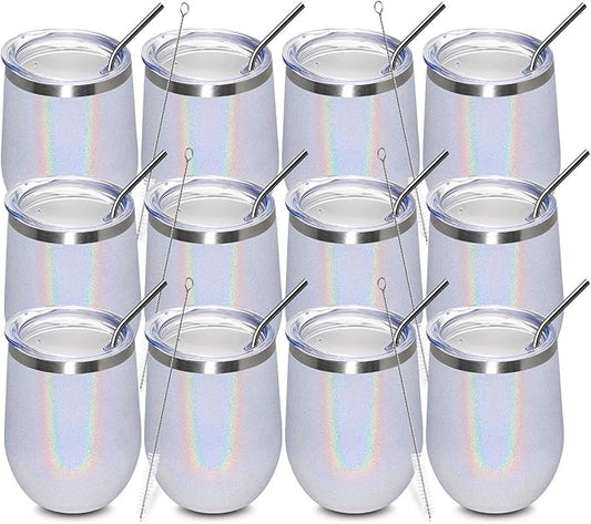 MEWAY 12oz/12 Pack Wine Tumbler Glasses with Lid - Stemless Double Wall Vacuum Stainless Steel Glitter Tumbler - Keeping Cold & Hot Cup for Coffee,Gift for Women(Rainbow White,Set of 12)