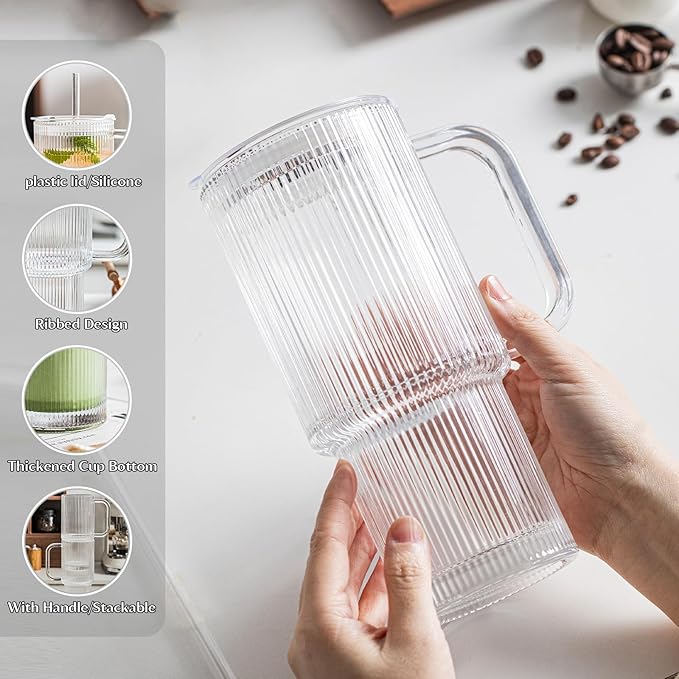 INSETLAN 26oz Ribbed Glass Tumbler with Handle & Lid – 4-Pack Large Iced Coffee Cups with Straws, Modern Glass Mug for Cold & Hot Beverages, Aesthetic Travel Cup for Smoothies, Tea, and Juice