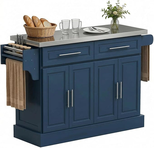 HOMCOM Rolling Kitchen Island Cart with 47" Stainless Steel Top, Portable Island Table for Kitchen with Wheels, Adjustable Shelves, 2 Drawers, Spice, Knife and Towel Rack, Navy Blue