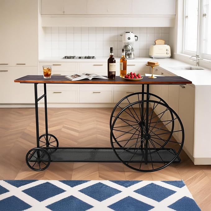 Vintage Industrial Console Table with Wagon Wheel Design, Rustic Wood Top with Metal Frame, 59.1 x 15.75 x 32.28 Inches, Storage Shelf Sofa Table