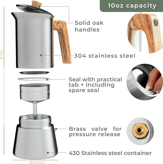 WALDWERK Stainless Steel Moka Pot (10oz) - Toxic Free Moka Pot with Oak Wood Handle - Stovetop Espresso Maker - Italian Coffee Maker for Stovetop and Induction