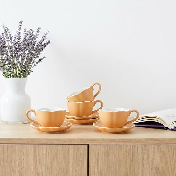 MyBudsBuzz Ceramic Espresso Cups with Saucers 6 oz,Coffe Cups for Cappuccino,Latte,Tea with Saucers Set of 2 - Flower - Caramel Brown