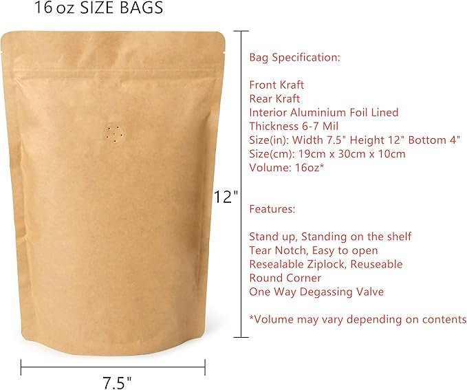 50 Counts High Barrier Natural Kraft Paper Stand up Zipper Coffee Pouch Bag with One Way Degassing Valve (50, 16 OZ/1 LB/454-500 Gram)