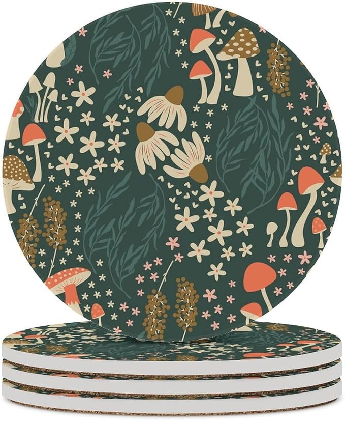 Round-4PCS Botanical Drink Coasters, Round Modern Ceramic Absorbent Coasters, Cartoon Green Botanical Floral Leaves Mushroom Plant Decor Desk Coffee Table Coaster for Beverage Cup Tea Coasters