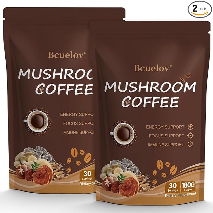 2 Bag Mushroom Coffee, Instant Mushroom Coffee Powder with 6 Adaptogenic Mushrooms (Cordyceps, Lion’s Mane, Shiitake, Turkey Tail) and MCT Oil for Better Energy, Focus, Immune Support - 60 Servings