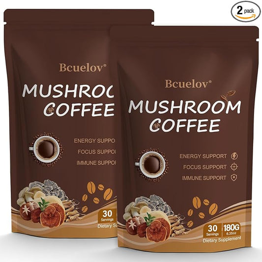 2 Bag Mushroom Coffee, Instant Mushroom Coffee Powder with 6 Adaptogenic Mushrooms (Cordyceps, Lion’s Mane, Shiitake, Turkey Tail) and MCT Oil for Better Energy, Focus, Immune Support - 60 Servings