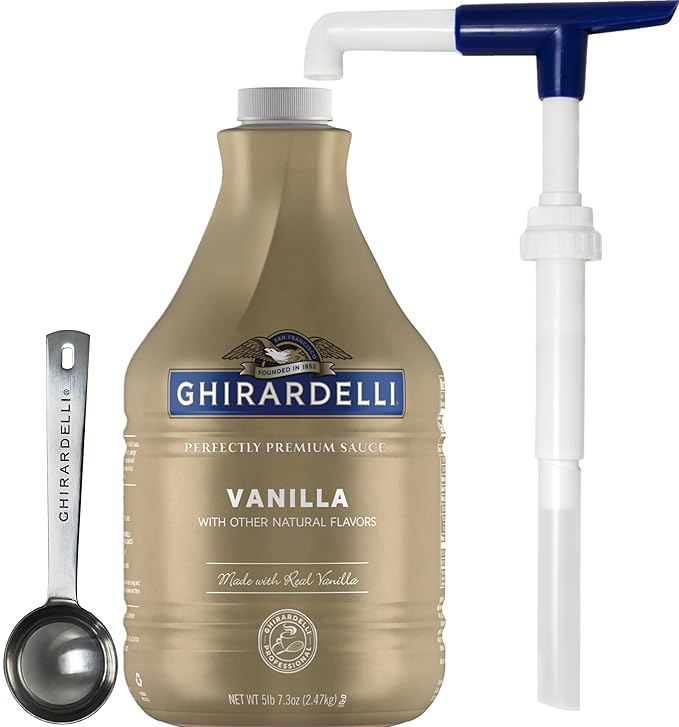 Ghirardelli Vanilla Flavored Sauce, 87.3 Ounce Bottle with Ghirardelli Stamped Barista Spoon & Pump
