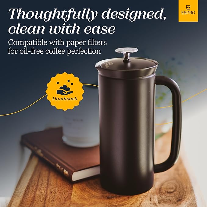 ESPRO P7 French Press Stainless Steel 304 – Patented Double Walled Micro-Filter Insulated French Press Coffee Maker, Grit-Free Brew - Heat Resistant BPA Free - Matte Black (18oz)