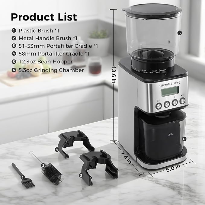 URintells Cuising Burr Coffee Grinder, Electric Coffee Grinder with 51 Grind Settings, Precision Timer, Stainless Steel Espresso Grinder with Anti-Static Design, Easy Clean and 3 Modes