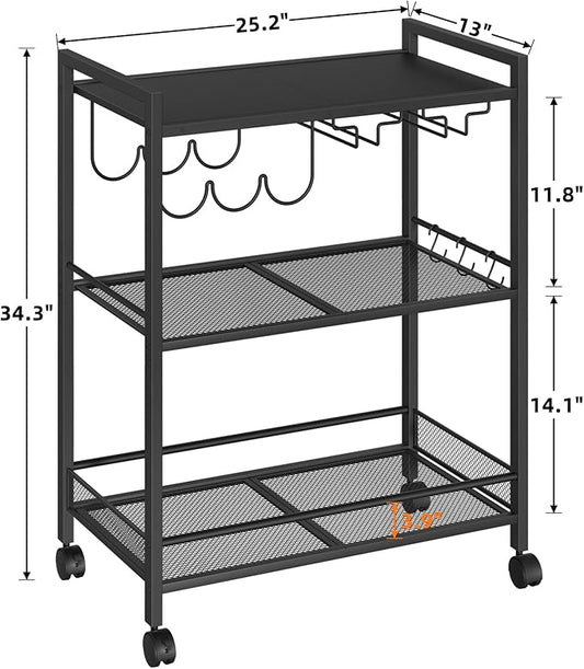 Bar Cart, Home Bar Serving Cart with 3-Tier Shelf,Microwave Cart with Lockable Wheels,Mobile Kitchen Shelf,Rolling Beverage Cart with Wine Rack and Glass Holder for Kitchen,Dinning Room,Black