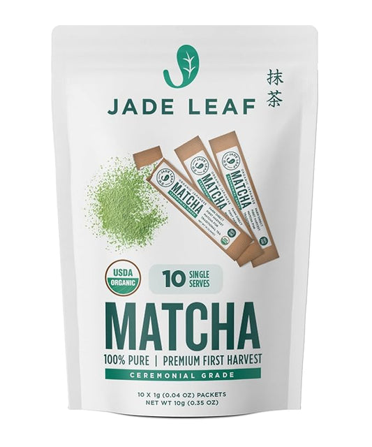 Jade Leaf Matcha Organic Premium Ceremonial Grade Matcha Green Tea Powder - Japanese - Culinary, Ingredient, Ceremonial Barista Teahouse, Latte, Collagen, 0.04 Ounce (Pack of 10), Ceremonial Matcha