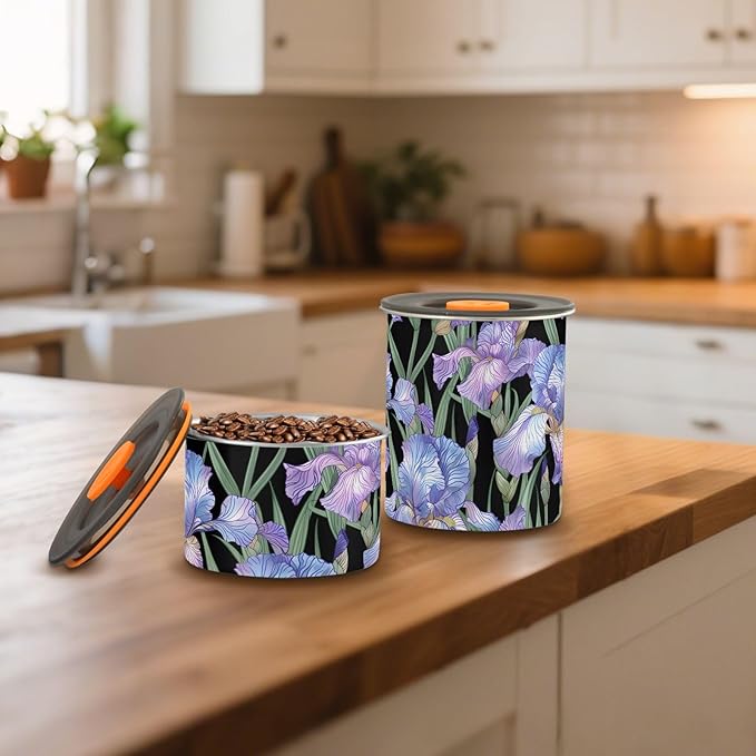 ALAZA Purple Iris Flowers Floral Airtight Coffee Bean Canister 500ml Food Storage Containers with Lids For Gournd, Tea, Sugar, Flour, Rice, Cereal, Candy Cookie Jar
