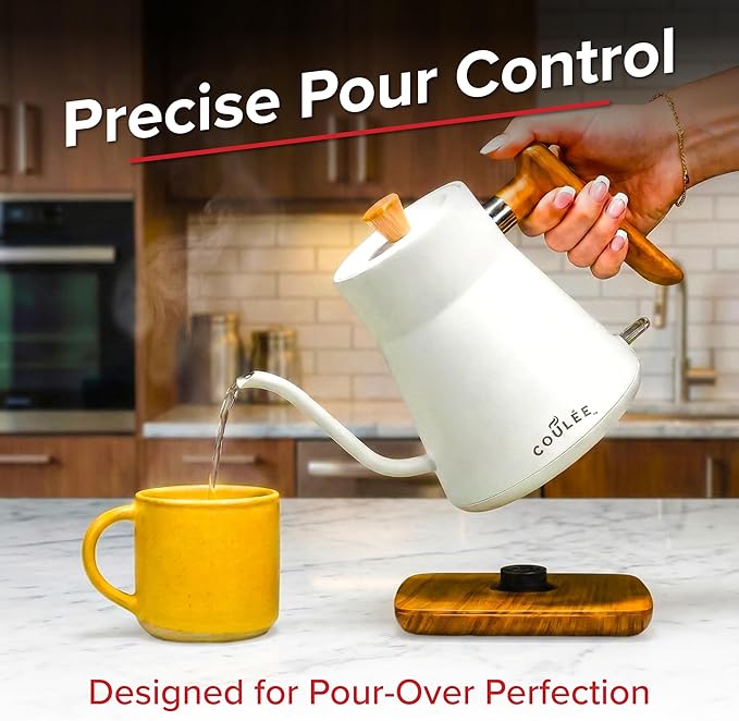 Coffee Gooseneck Kettle, Stainless Steel Interior, Electric Kettle for Boiling Water, Pour Hot Water Over Coffee, Tea, or Matcha, Electric Boiler, Heat Resistant Ergonomic Handle, White
