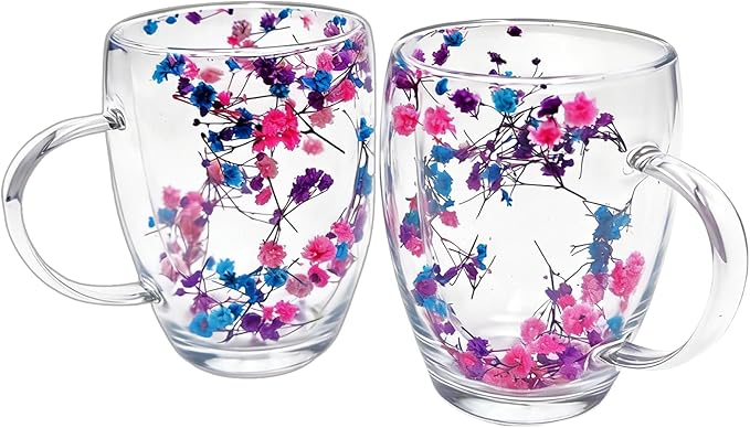 Viovian 13oz Double Wall Glass Coffee Mugs Set of 2 Insulated Glass Coffee Cups with Handles,Clear Dried Flower Tea Mug for Hot Beverages,Tea Cup Women Birthday Gifts