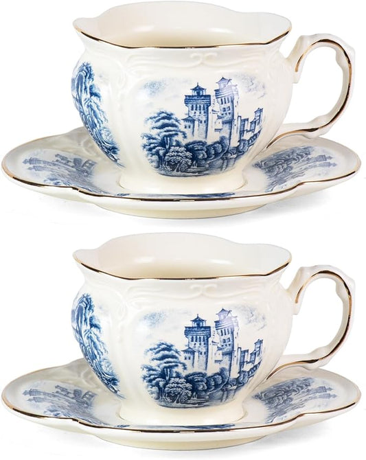 KAMMAK Tea Cups and Saucers Set of 2, Porcelain Coffee Cups, 8-Ounce Stackable Espresso Mugs, Ceramic Demitasse for Coffee, Latte, Americano, Tea, Retro Blue