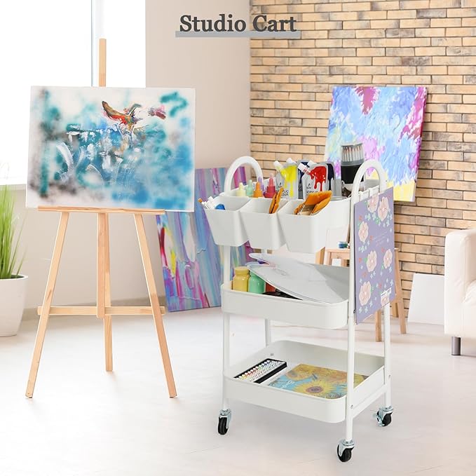 danpinera 3-Tier Rolling Cart, Utility Cart Mobile Metal Rolling Storage Cart with Lockable Wheels & Hanging Cups & Hooks for Kitchen, Bathroom, Office, Workshop, White